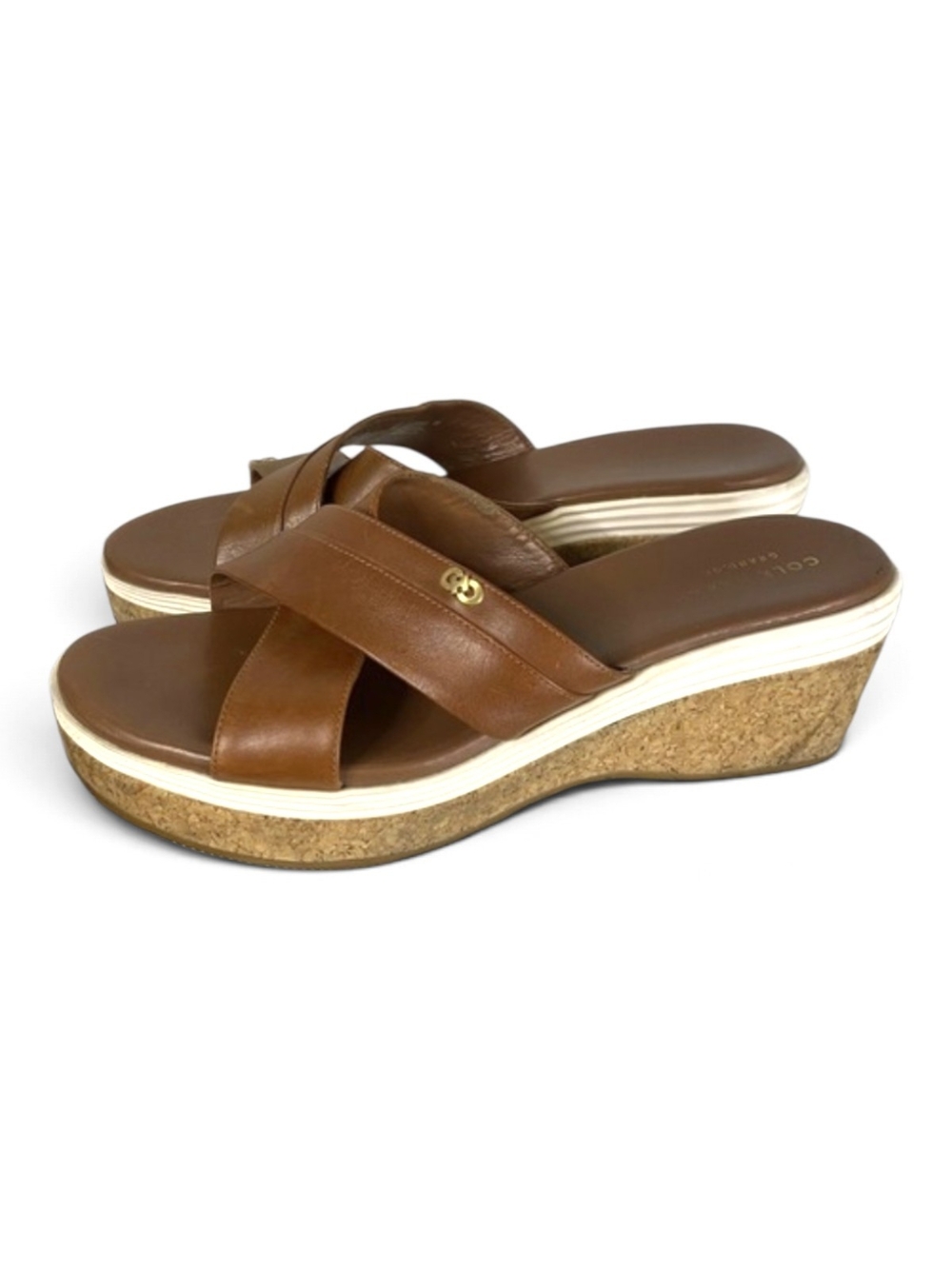 Cole Haan Briella Grand Bro Cognac Cork Wedge Slide Sandals Size 8B Leather
